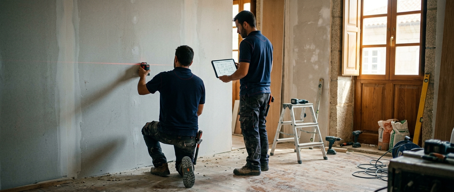 Equipo de Reformas Alannita trabajando en una vivienda en Ourense con nivel láser y planos digitales